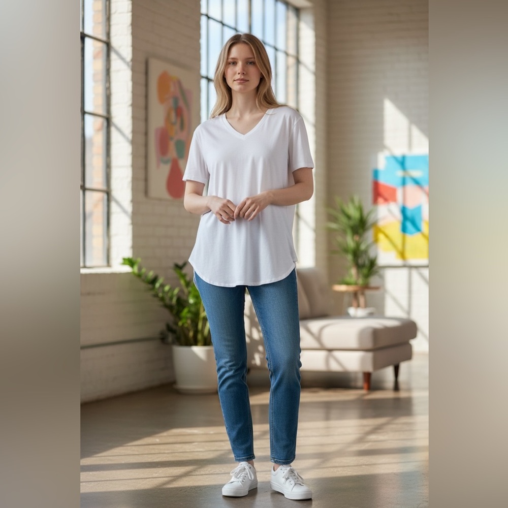 White Relaxed Fit T-Shirt - Soft V-Neck Tee